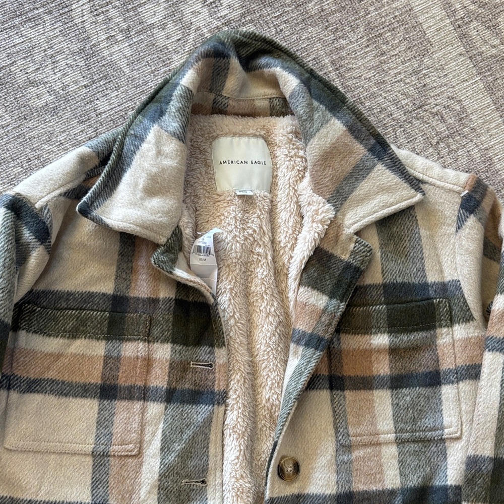 American Eagle Outfitters Women Cream and Green Plaid Jacket